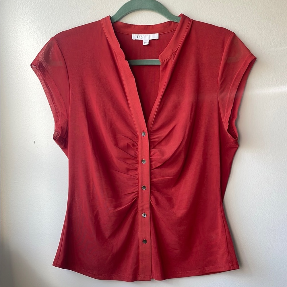 DR2 Ruched Mesh Button Front Shirt Burnt Orange Size M - Picture 10 of 10